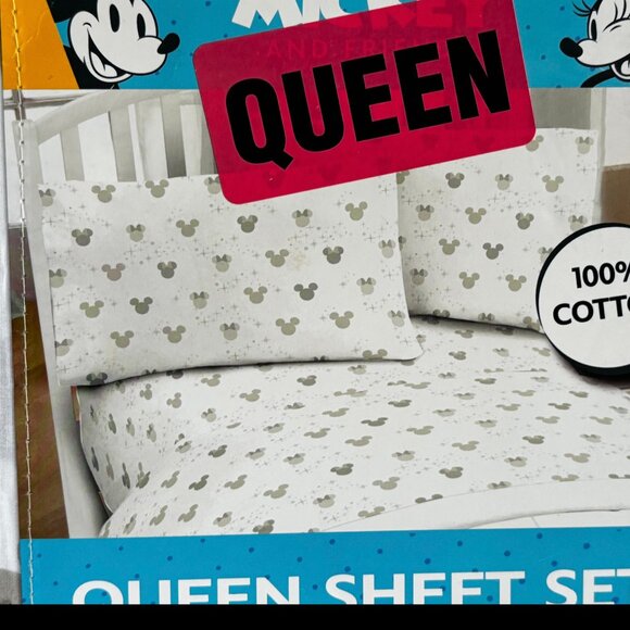 Disney Mickey Minnie Mouse GRAY SILHOUETTE Queen Size 100% Cotton Sheet Set - Picture 2 of 3